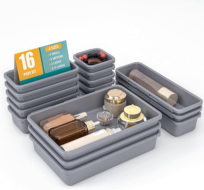 16 PCS Drawer Organizer Set, 4 Size Makeup Drawer Divider Organizer With Non-Slip Pads, Interlocking Plastic Storage Bins for Office,Jewelry Vanity,Gadgets, Bathroom,Kitchen, Grey