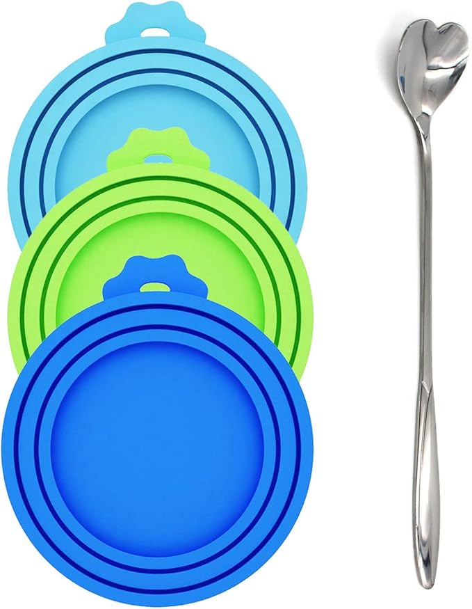 Comtim Silicone Can Lids Covers for Dog and Cat Food, Universal Size Fits All Standard Cans (3 Pack & Spoon, Multi-colored)