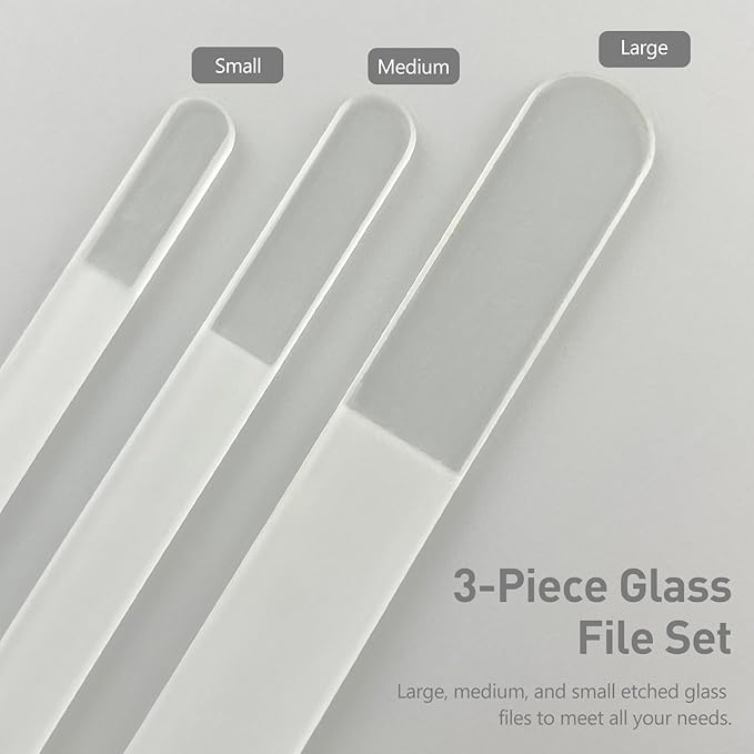 Professional 3-Piece Czech Glass Nail File Set - Handmade, Tempered Glass Files - Double-Sided, Washable, Etched for Natural Nails, Ideal Present Set