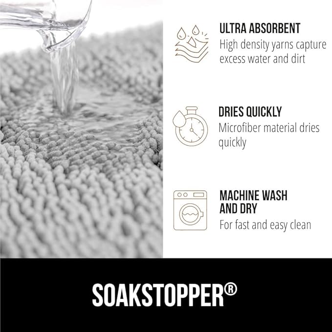 GORILLA GRIP SoakSTOPPER Dog Door Mat, 48x30 Machine Washable Rug Absorbent Doormat Captures Moisture Mud Dirt, Quick Dry Soft Chenille Entryway Rugs Indoor Entrance Mats for Dog Paws, Light Gray