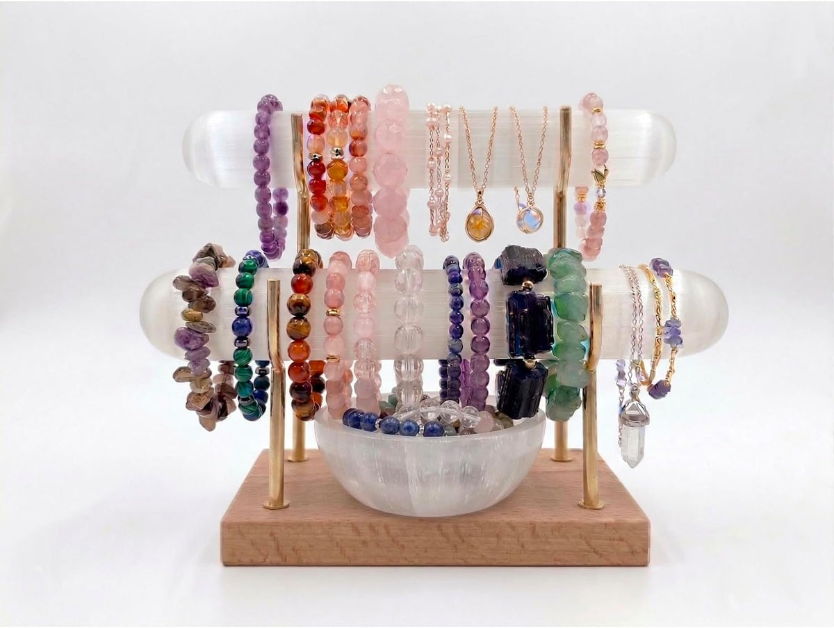 Selenite Charging Plate,Selenite Bracelet Holder,Crystal Bracelet Holder,Unique Gifts For Crystal Lovers,Jewelry Wrap Organizer Holder With Wooden Base For Bangles Charging Cleansing (Storage + Bowl)