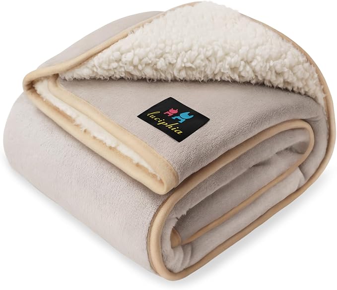 Luciphia Waterproof Pet Blanket, Liquid Pee Proof Dog Blanket for Sofa Bed Couch, Reversible Sherpa Fleece Furniture Protector Cover for Small Medium Large Dogs Cats, Khaki+Beige Medium（57" x 40"）