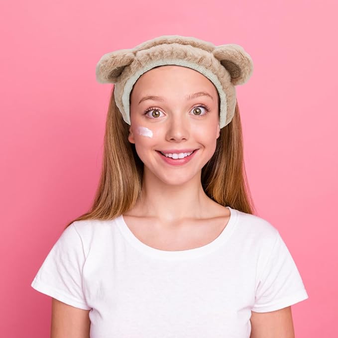 Canitor Face Wash Headband with Wrist Towels - Soft Coral Fleece Spa Makeup Headband, Cute Animal Elastic Skincare Design with Bear Ears