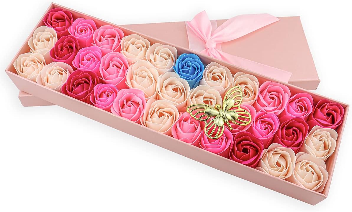 33 PCS Floral Scented Bath Soap Rose Flower Petals, JIALEEY Plant Essential Oil Rose Soap Set Gifts Ideas for Her Women Girls Mom Valentine's Day, Pink Gift Box