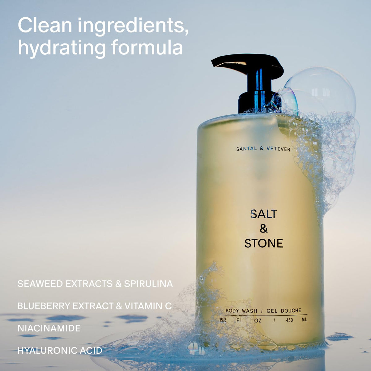 Salt & Stone Antioxidant-Rich Body Wash - Santal & Vetiver | Cleanse, Nourish & Soften Skin with Niacinamide & Hyaluronic Acid | Free From Parabens, Sulfates & Phthalates (15.2 fl oz)
