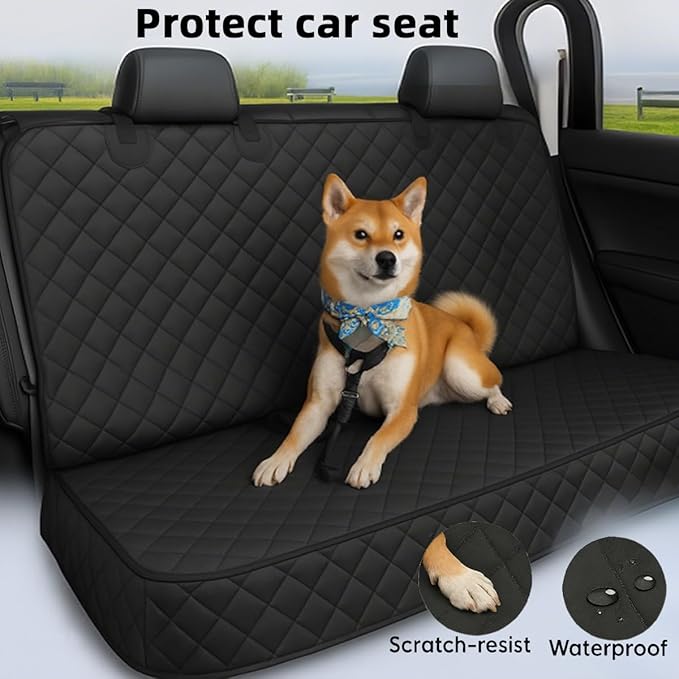 Waterproof Dog Car Seat Cover with Belt for Back Seat - Washable Pet Protector Accessories for Cars, Trucks, SUVs, and Bench Seats - Auto Backseat Hammock for Small & Large Dogs
