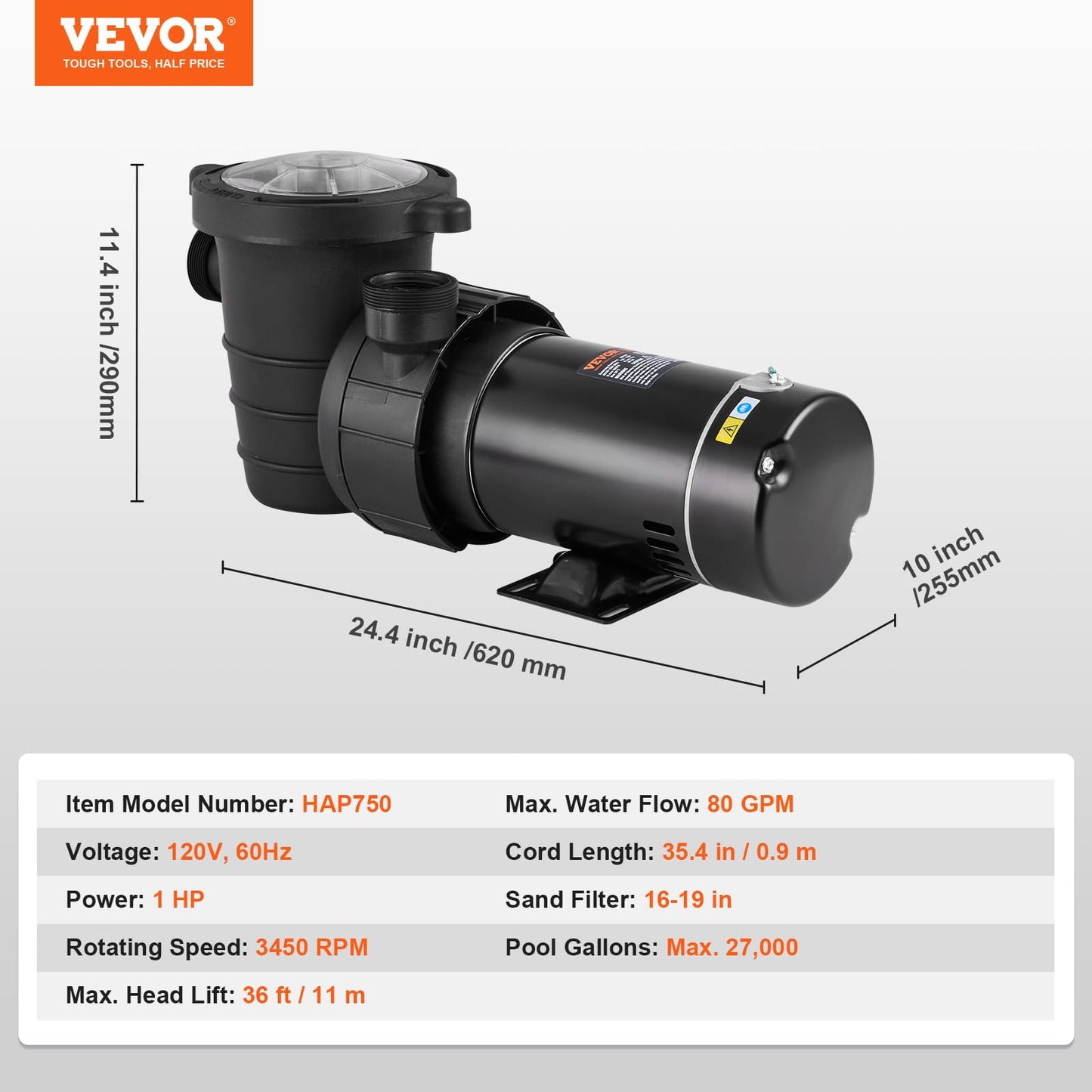 VEVOR Above Ground Pool Pump, 1HP, 80 GPM Max. Flow Single Speed Swimming Pool Pump, 120V 3450 RPM 36 ft Max. Head Lift Pool Pump with Filter Basket, for Above Ground Pools Hot Tubs Spas