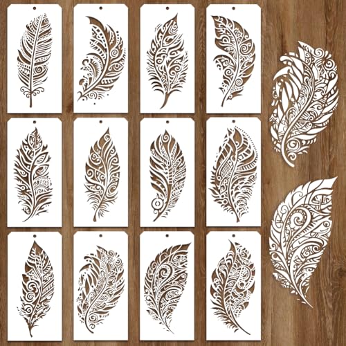 12 Pcs Painting Stencils, 12 Styles Feathers Pattern Stencil Templates Reusable Craft Templates for Painting on Wall Decor Fabric Wood Canvas