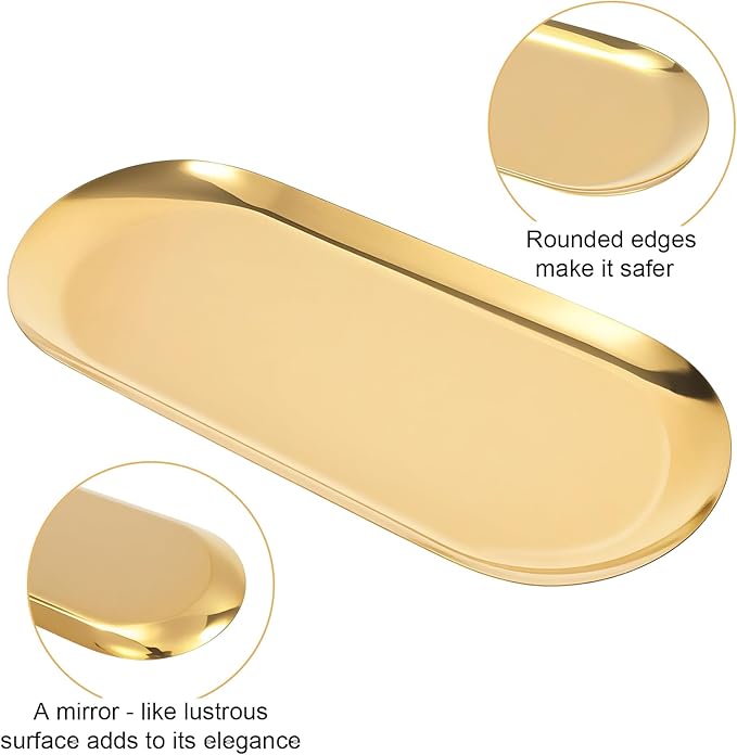 2PACK Gold Decorative Tray,Oval Stainless Steel Trays, Decorative Tray for Jewelry Dish Cosmetics Organizer Bathroom Clutter Serving Platter
