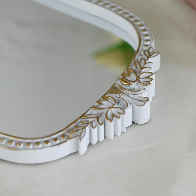 Antique White Plastic Arched Makeup Mirror, Standing, Hanging or Wall Mount, Bathroom, Living Room, Bedroom White and Gold Decorative Mirror (10.6 x 8.6 inch)