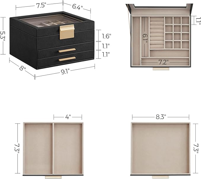 SONGMICS GISELLA Collection - Jewelry Box Organizer, 3-Layer Jewelry Storage with 2 Drawers, Shiny Metal Hardware, Glass Lid, Modern, 8 x 9.1 x 5.3 Inches, Ink Black and Gold Color UJBC239B03
