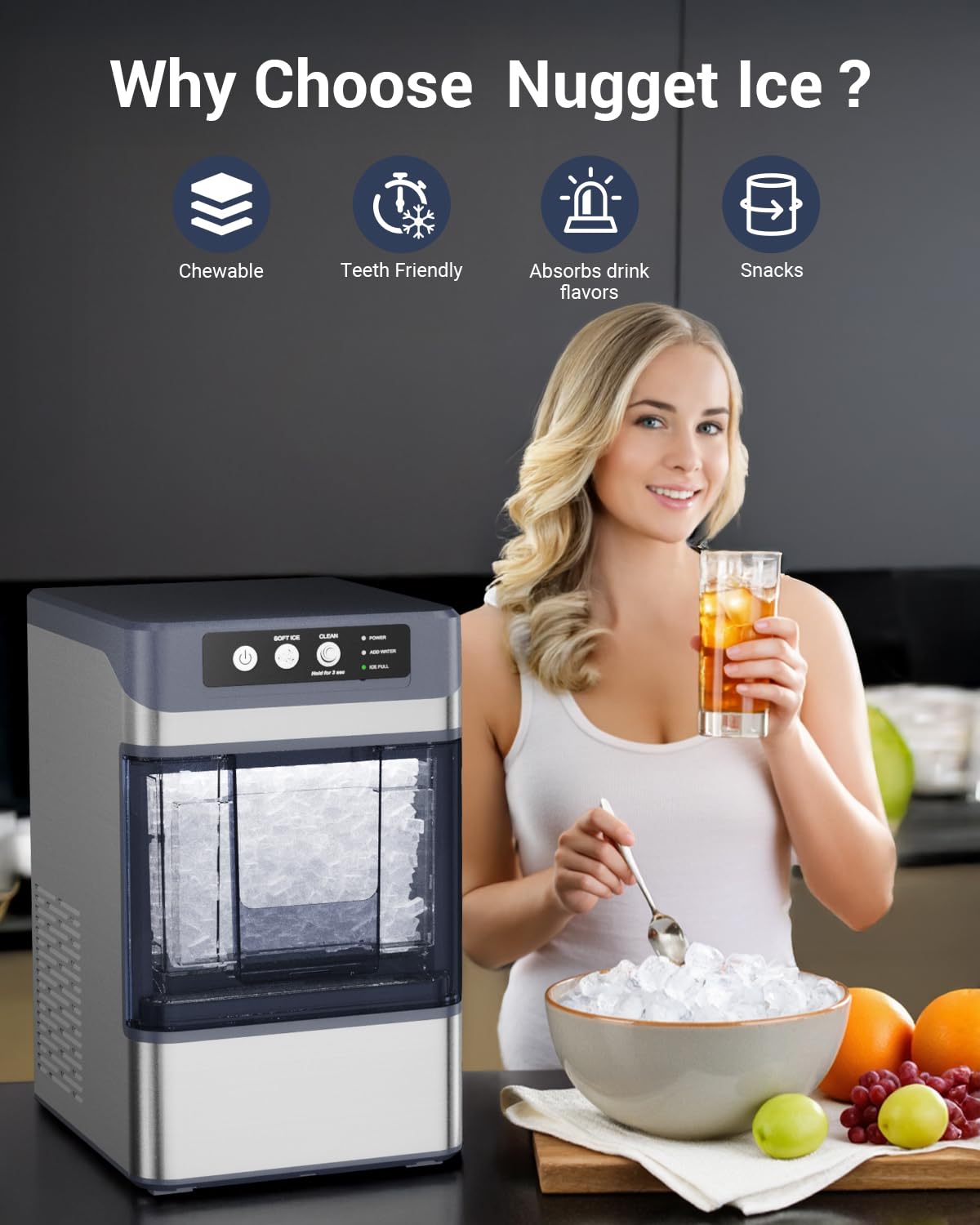 44 lbs/Day Nugget Ice Maker Countertop, Pebble Ice Machine with 0.8 Gal Water Tank 6-10 Mins Fast Ice Making for Home, Camping, Kitchen, RV (Silver)