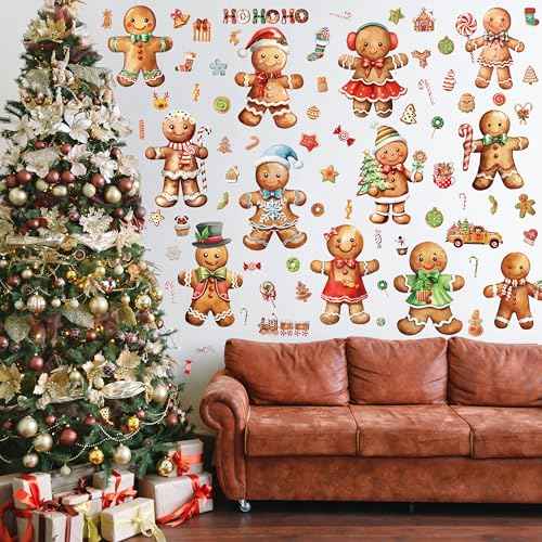 12 Sheets Christmas Gingerbread Wall Stickers Decorations, Xmas Wall Decals Holiday Gingerbread Candy Floor Wall Vinyl Stickers for Living Room Bedroom Home Office Decor