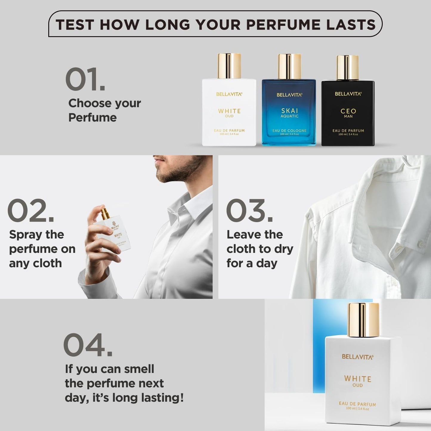 Bellavita Luxury White Oud Eau de Parfum | 100 ml (3.4 fl.oz.) | Perfume for Men and Women | Fruity, Artemisia Lemon, Freesia, and Tobacco Notes | Long Lasting Unisex Fragrance