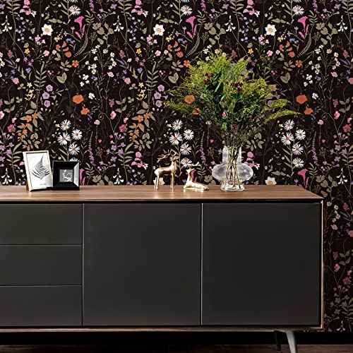 Floral Peel and Stick Wallpaper Blooming Black/Purple Flowers Self-Adhesive Wall Paper Removable Decorative Contact Paper for Bedroom Cabinet Living Room Decor 17.7" x 118",14.5 sq.ft/Roll
