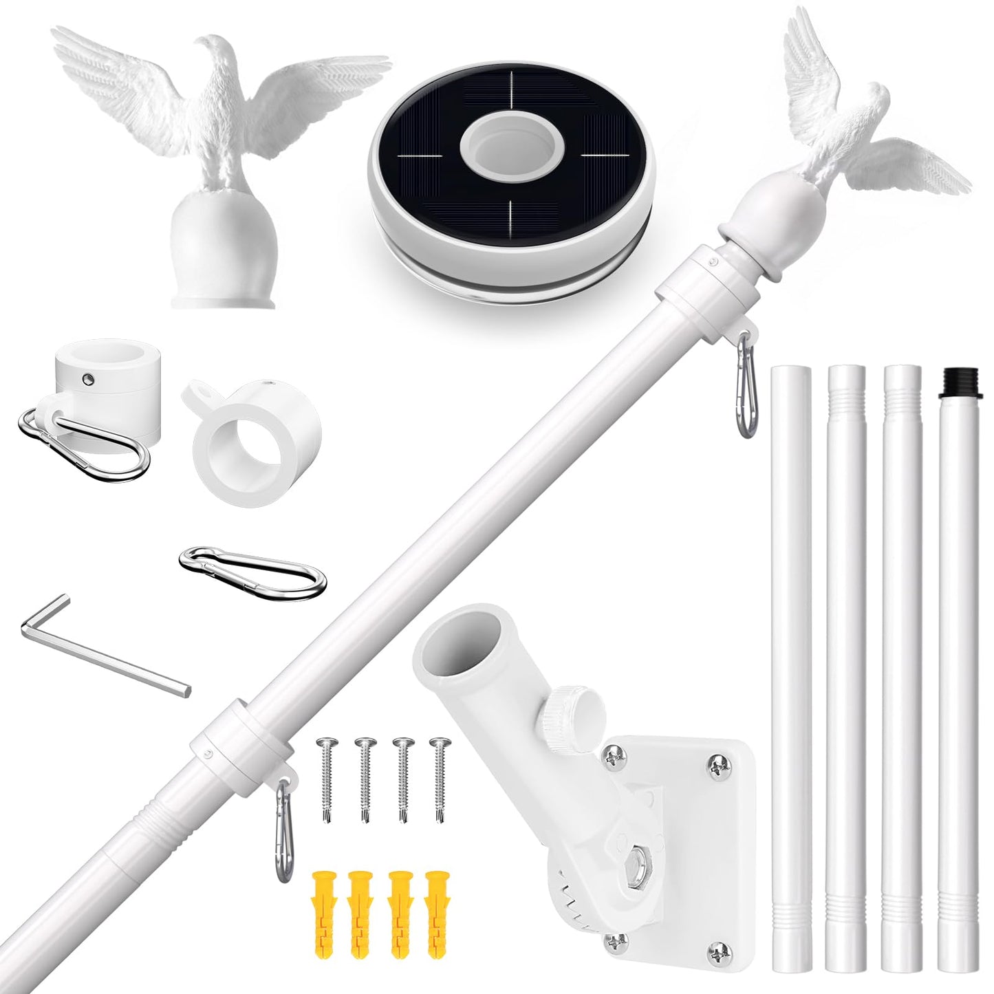 LETSTRY 5FT Flag Pole Kit for Outside House with Solar Light, 1" Thickened Stainless Steel with Adjustable Bracket, Wall Mount Flagpole for 3x5 American Flags for Outdoor, Residential, Porch (White)