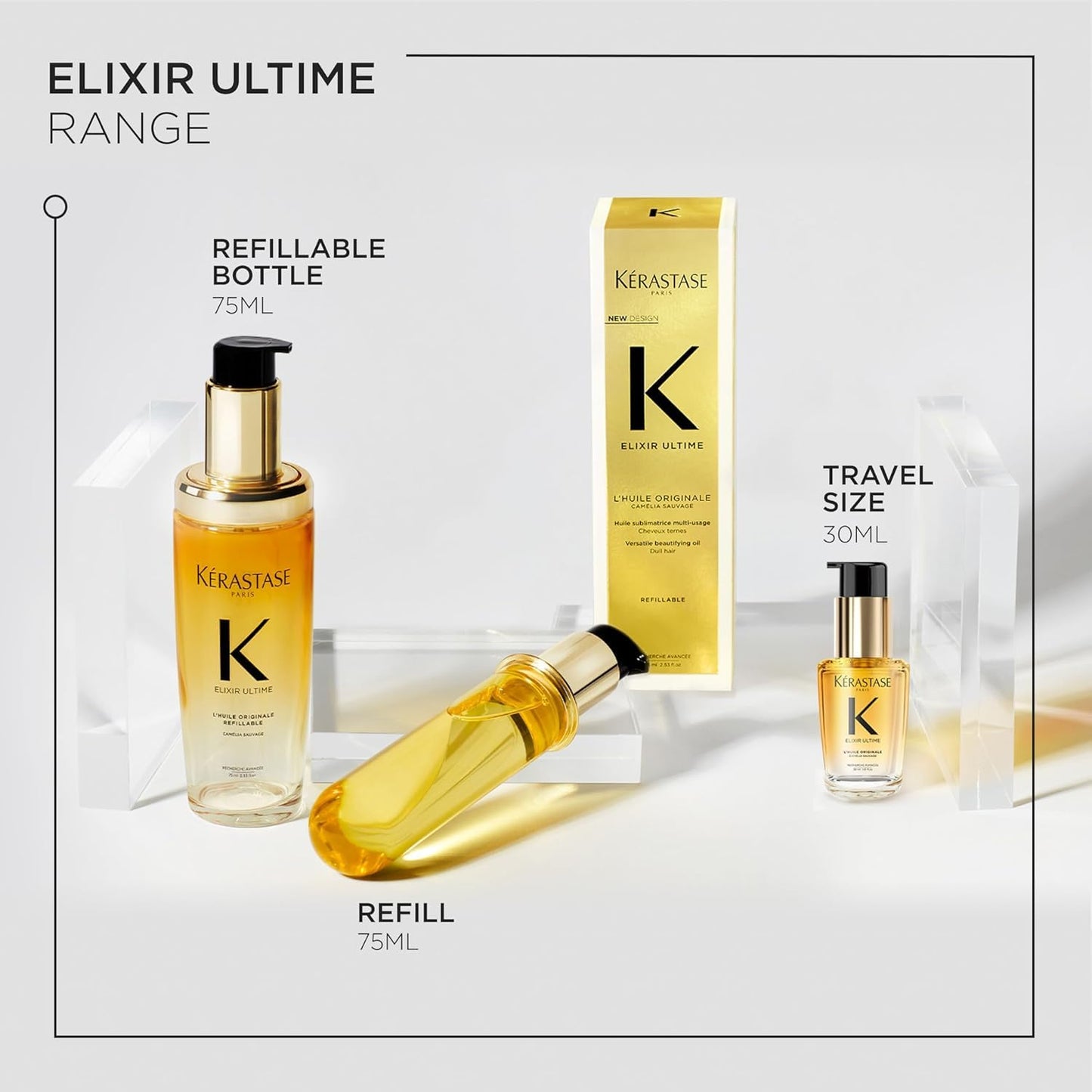 Kerastase Elixir Ultime Refillable Hair Oil - Hydrates & Smoothes Frizz, Adds Shine, With Wild Camellia, Nourishes & Strengthens Hair, 1.01 Fl Oz, Travel Size