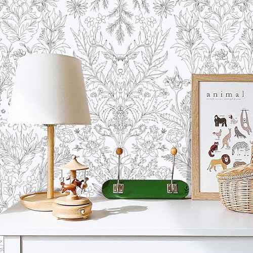 Black and White Deer Wallpaper 17.3"¡¿120" Nature Plant Peel and Stick Wallpaper Contact Paper Removable Self Adhesive Vinyl Wall Paper for Bedroom Living Room Cabinet