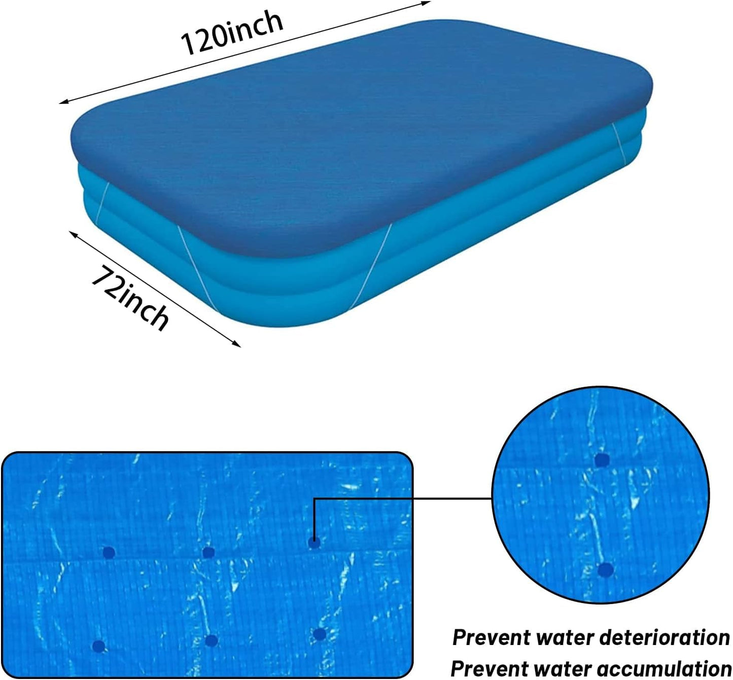 Inflatable Pool Cover for 120in x 72in Rectangle Swimming Pool, Rectangular Pool Covers, Built-in Elastic Dustproof Rainproof Foldable Above Ground Pool Cover (Blue, 120in x 72in)