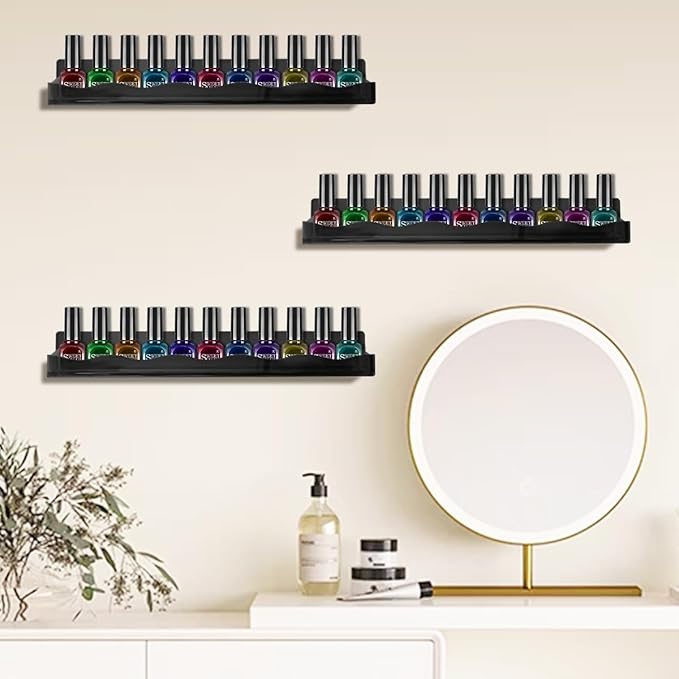 15" Nail Polish Rack Wall Mounted Shelf Acrylic Paints Gel Polish Organizer and Storage with End Caps for Nail Techs, Art Lovers, Great Display Salons, Floating Shelves for Wall, Black