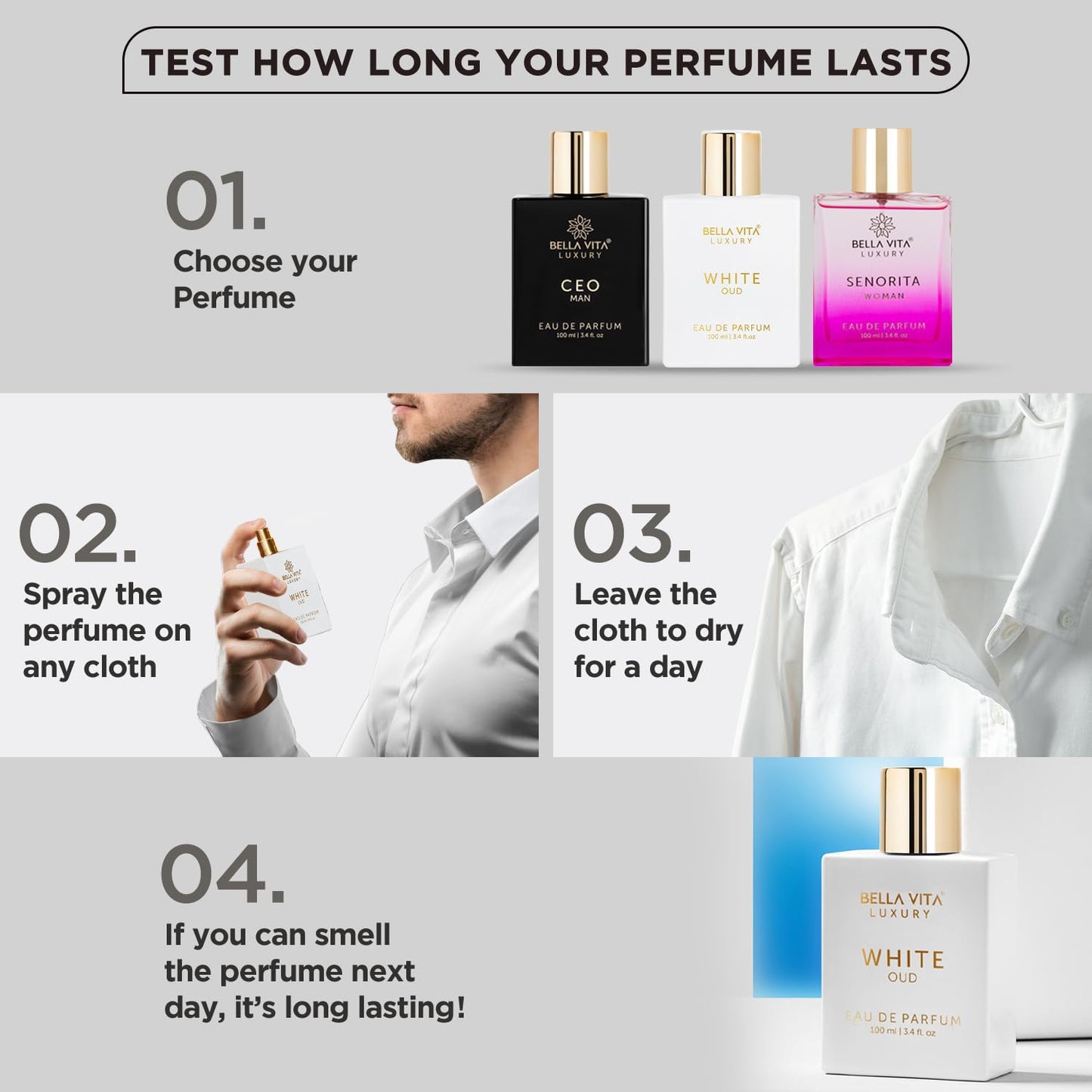 Bellavita Luxury White Oud Eau de Parfum | 100 ml (3.4 fl.oz.) | Perfume for Men and Women | Fruity, Artemisia Lemon, Freesia, and Tobacco Notes | Long Lasting Unisex Fragrance