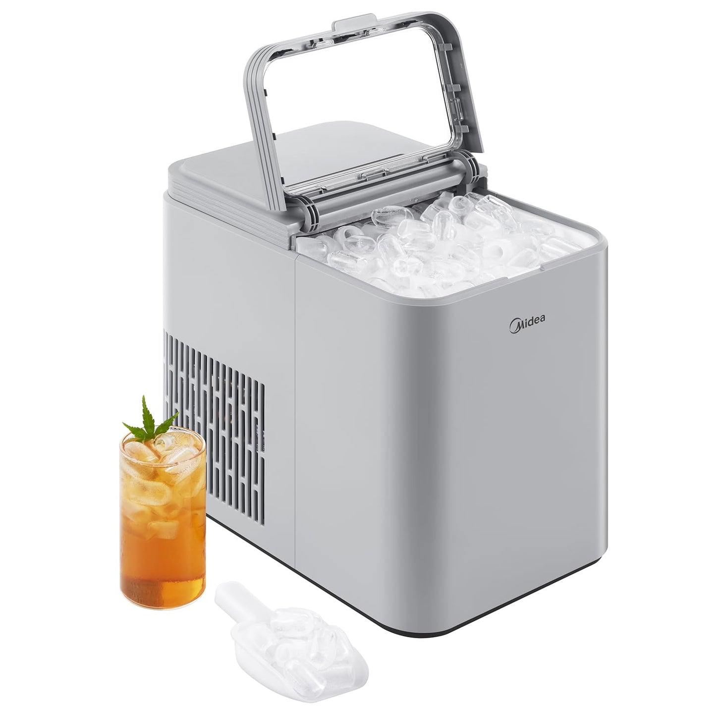 Midea MERI26B1AGY Countertop Bullet-Ice Maker, 8 Ice Bullets Ready in 6 Minutes, 26lbs/24H, Self-Cleaning Function with Ice Scoop and Basket for Home/Office/RV