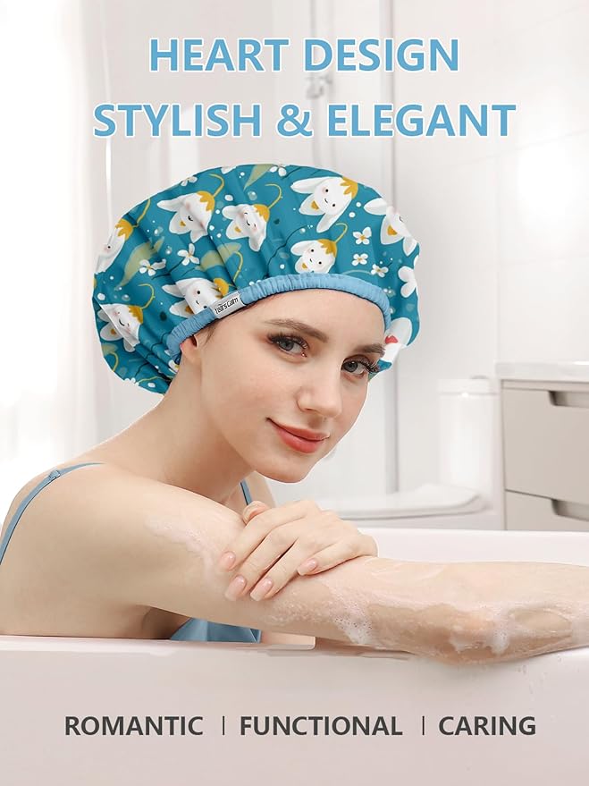 Years calm Shower Caps for Women Reusable Waterproof, Double Layer Waterproof Fabric - Both Sides Usable, Reversible Pattern & Solid Color Design, Soft Elastic Keeps Hair Dry for shower Spa Travel