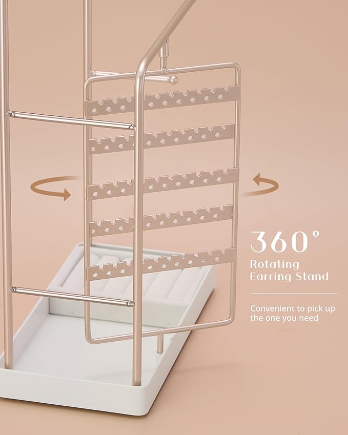 ProCase Jewelry Stand Holder Organizer, Jewelry Display Storage with Ring Tray, No-Assembly, Rotating Earring Bracelet Necklace Holder, Valentine's Gifts Room Dorm Decor for Teen Girls -Champagne