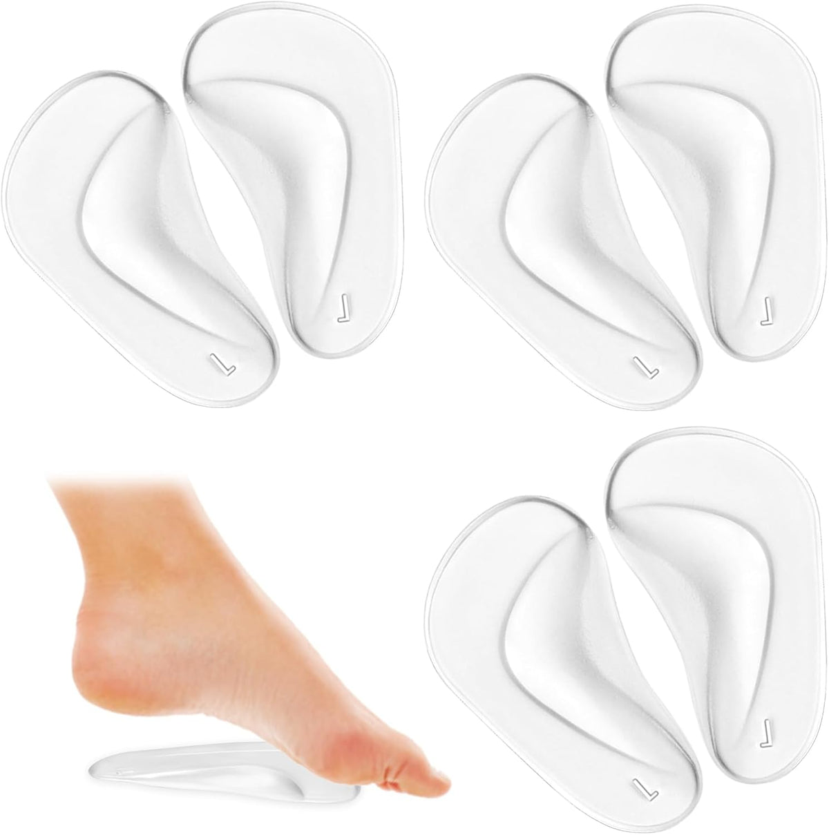 COMNICO 3 Pairs Arch Support Inserts Self-Adhesive Soft Gel Insole Arch Pads Transparent Silicone Reusable Sandals Shoe Insoles for Plantar Fasciitis Relief Flat Feet Flip Flops High Heel Arch Pain