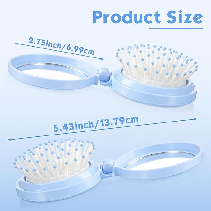 Boao 2 Pack Foldable Travel Mirror Hair Brushes Round Portable Folding Pocket Hair Brush Mini Comb Compact Travel Size Massage Comb for Men Women (Blue,Round)