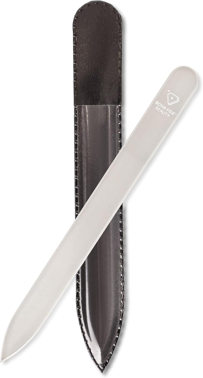 Bona Fide Beauty Czech Glass Nail File for Acrylic Nails, Crystal Glass Nail File with Case. Coarse Fingernail Filer (Gray)