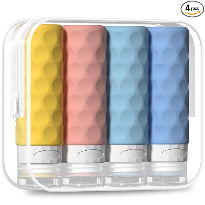 Silevoler Travel Bottles for Toiletries, 4pcs Tsa Approved 3oz Travel Size Containers, BPA Free Leak Proof Premium Silicone Bottles, Refillable Liquid Squeezable Accessories W/Toiletry Bag(Bright)