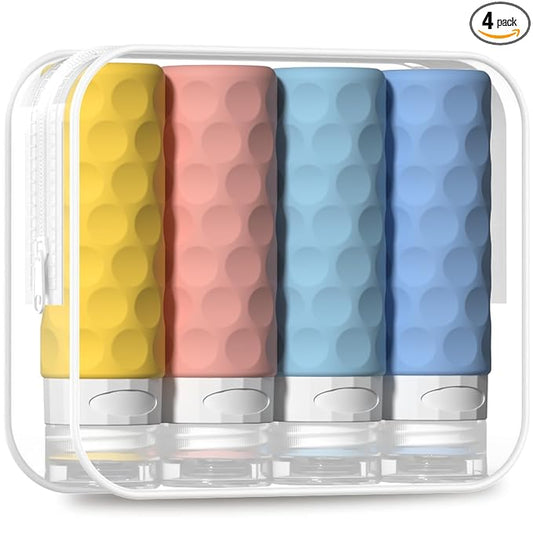 Silevoler Travel Bottles for Toiletries, 4pcs Tsa Approved 3oz Travel Size Containers, BPA Free Leak Proof Premium Silicone Bottles, Refillable Liquid Squeezable Accessories W/Toiletry Bag(Bright)