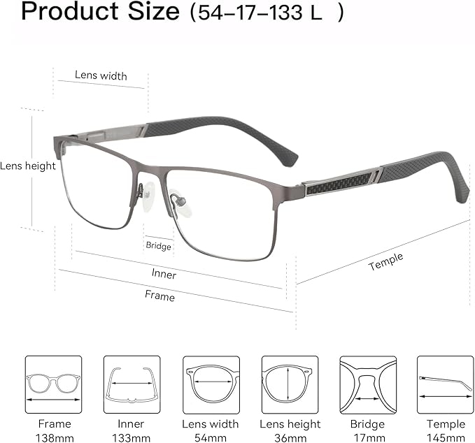 ZENOTTIC Blue Light Glasses Men : Black Reading Glasses Men - Square Frame Computer Glasses - Anti Glare Metal Readers