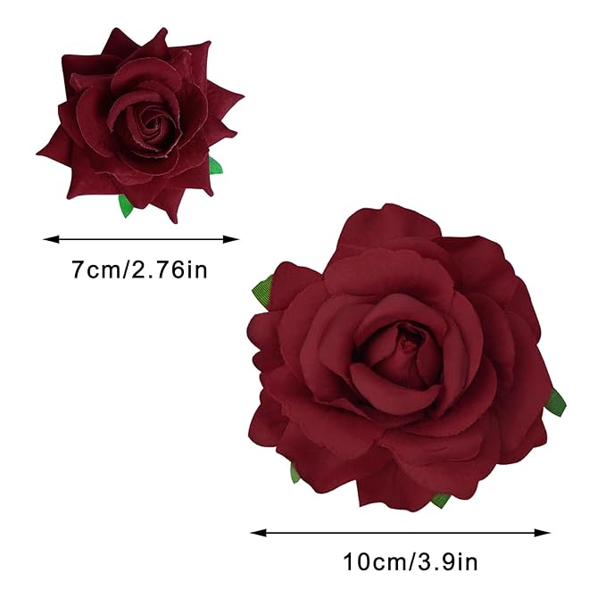 Rose Hair Clip Flower Hairpin Rose Brooch Floral Clips, 4 Pcs Fabric Flowers Hair Clips Mexican Hair Flowers Pin up Headpieces for Woman Girl Wedding Party Mother's Day (Dark Red)