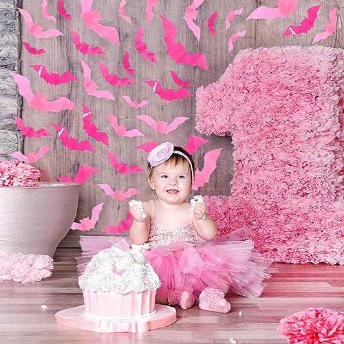 Whaline 112Pcs Halloween Wall Decoration 3D Bats with Foam Adhesive Pink and Rose Red Waterproof Spooky Bats Stickers Hocus Pocus Party Supplies for Halloween Home Wall Window Door Decor, 4 Sizes