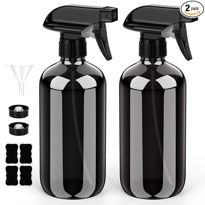 Bontip Glass Spray Bottle, Black Glass Spray Bottle Set & Accessories Refillable for Plants Window Cleaners Aromatherapy Facial hydration Watering Flowers Hair Care (2 Pack/16oz) (Black)