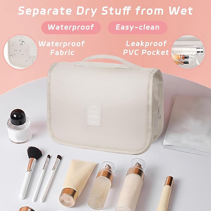 Toiletry Bag Travel Bag with Hanging Hook, Waterproof Capacity Hanging Multifunctional Makeup Bag for Toiletries, Portable Cosmetic Bag Travel Organizer for Women and Men(Beige)