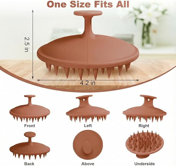 Silicone Scalp Massager Shampoo Brush, Scalp Brush for Hair Growth & Dandruff Removal, Hair Scrubber Scalp Stimulator Exfoliator Brush with Soft Bristles for Wet Dry Scalp Care (Brown)