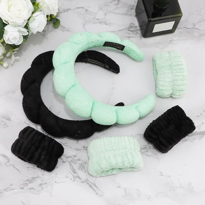 SPA Headbands for Washing Face Makeup Headbands with Bow Hair Band Women Facial Head Band Wrist Towel Wraps For Shower Face Mask Black Green, 6 Pack