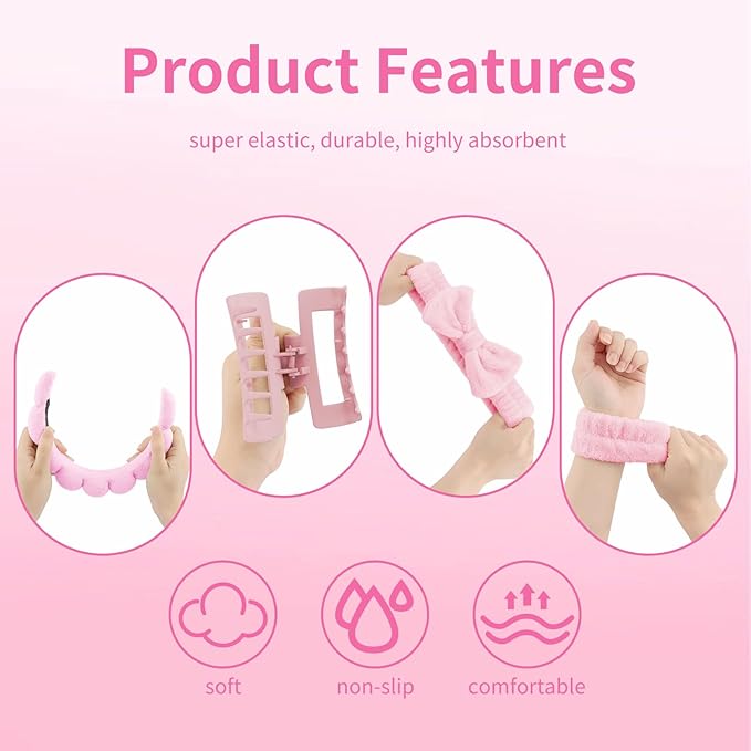 Canitor Spa Headband Wrist Bands Hair Clips Set Skincare Makeup Self Skin Care for Women Washing Face Teens Teenager Tween Clean Girl Gifts Cute Trendy Stuff Things Pink Stocking Stuffers