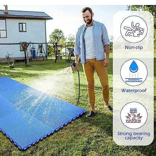 Huwena 50 Pcs Modular Interlocking Cushion Floor Tiles 10 x 10 Inch Non Slip Pool Floor Mat Blue Interlocking Rubber Draining Flooring Tiles with Hole for Drain Deck Patio Balcony Shower Kitchen