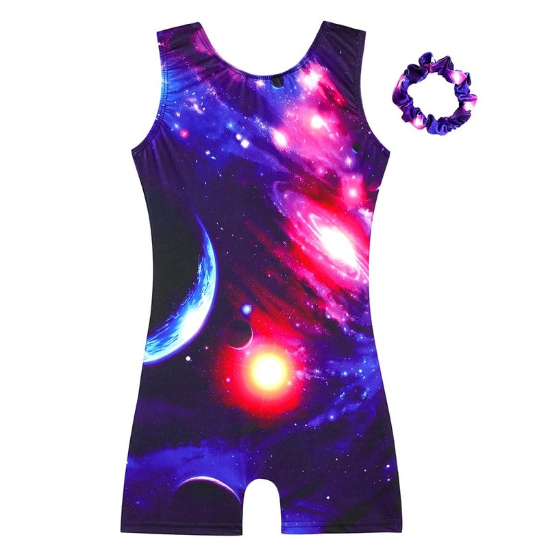 HOZIY Gymnastics Leotards for Girls 3t 4t Toddlers Kids Leo Tumbling Outfits Planet Cosmos Galaxy Purple Blue Scrunchies Biketards