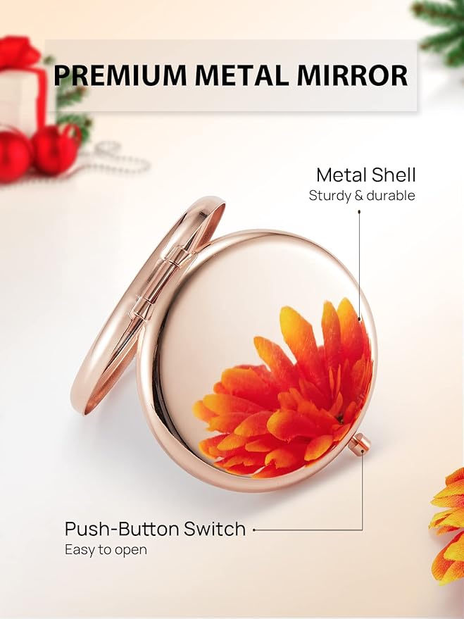 Compact Mirror Bulk, Set of 2 Double-Sided 1X/2X Magnifying Purse Pocket Makeup Mirrors(Round, Rose Gold)