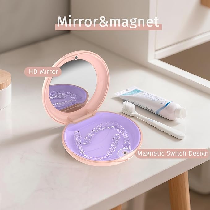 2 Pack Retainer Case with Mirror, Compatible with Invisalign, Slim Aligner Case for Travel, Includes Removal Tools, Seaters & Brush, Magnetic Secure Closure Retainer Box - Pink
