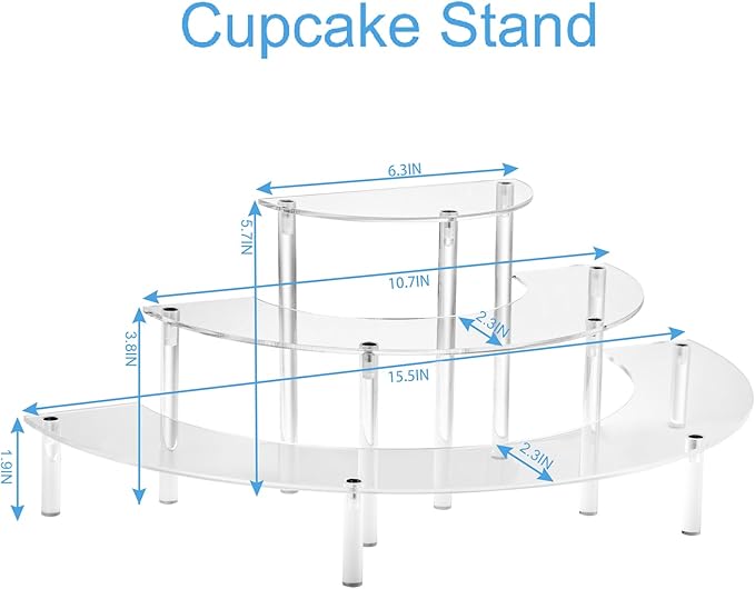 HENABLE Acrylic Display Riser - 3 Tier Clear Cupcake Stand, Perfume Organizer, Half Moon Dessert Stand, Shelf for Food, Amiibo Funko POP Figure Display