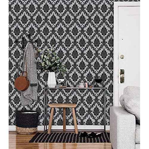 17.7" x118" Peel and Stick Wallpaper Black Wall Paper for Bedroom Damask Gothic Wallpaper Black Contact Paper for cabiner Shelf Liner Furniture Decorative Wall Vinyl