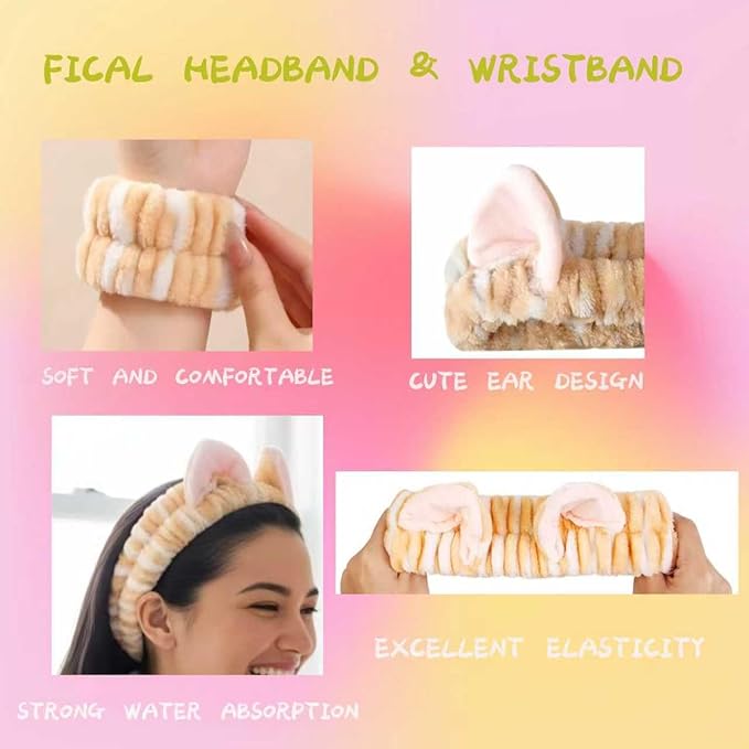 Cute Spa Headband and Wristband Set for Women Kawaii Cat Ear Yellow Makeup Headband for Washing Face (3PCS, Yellow)
