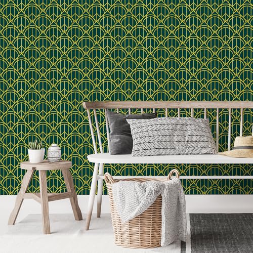 CHIHUT Teal and Gold Lines Wallpaper Peel and Stick Semicircles Triangles Geometric Shapes Wallpaper for Bedroom Living Room Wall Decor Self Adhesive Art Deco Contact Paper for Cabinets 17.7¡±x100¡±