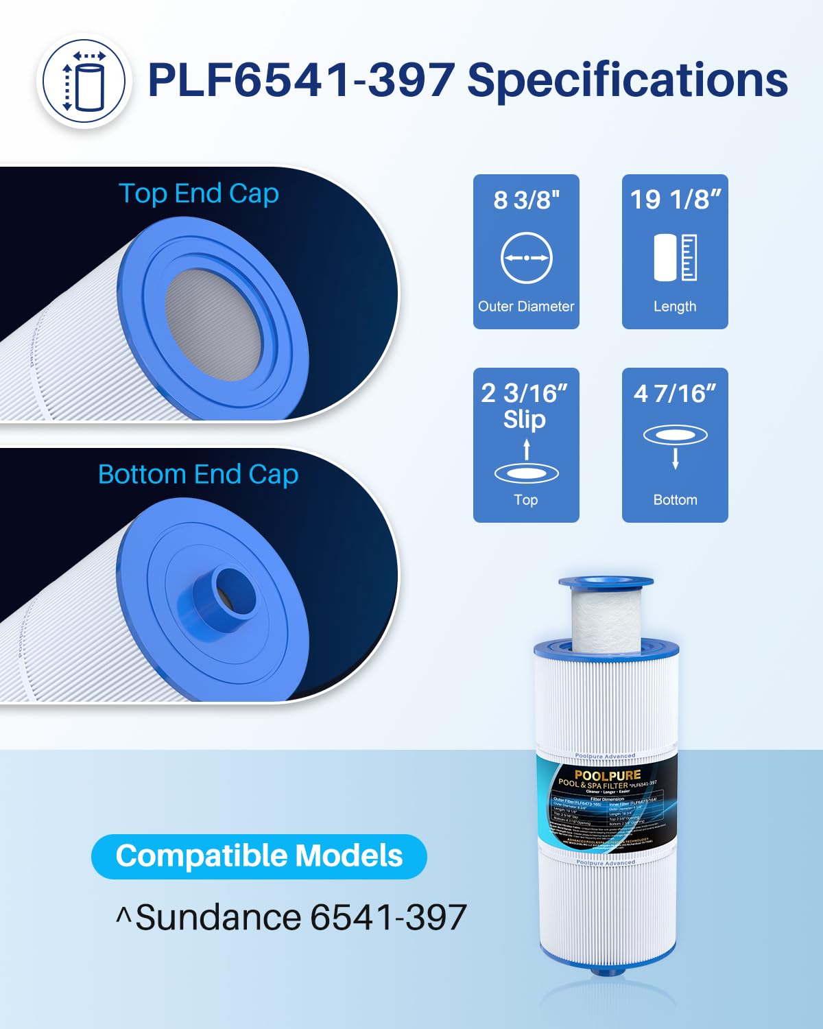 POOLPURE 6541-397 Spa Filter Cartridge Compatible with Sundance Spa Filter 880 Series, 2009-2023, Sundance 6541-397 (with Outer Filter 6473-165 and Inner Filter 6473-164), FC-2772, AK-80802, 1pack